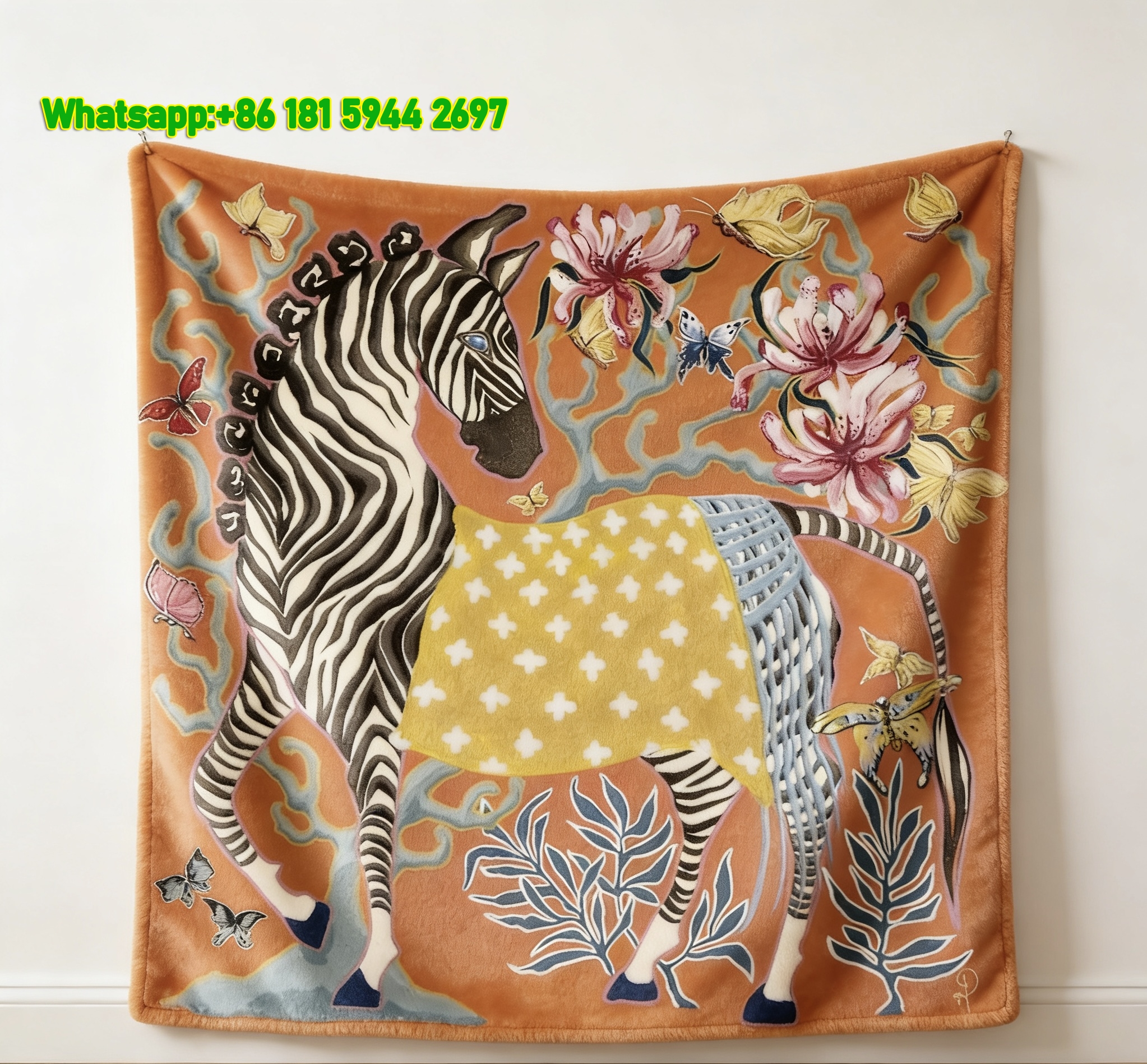 Hermes Orange Floral Zebra with Butterflies Flannel Sofa Throw Blanket IMG_5344